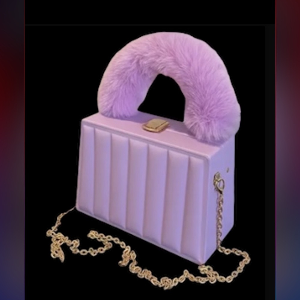 Beautiful elegant, classy, purple, chain square purse with fur handle
